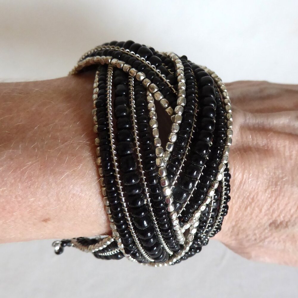 NEW BRAIDED MULTI STRAND WIRED BLACK SILVER SEED BEAD CUFF BRACELET